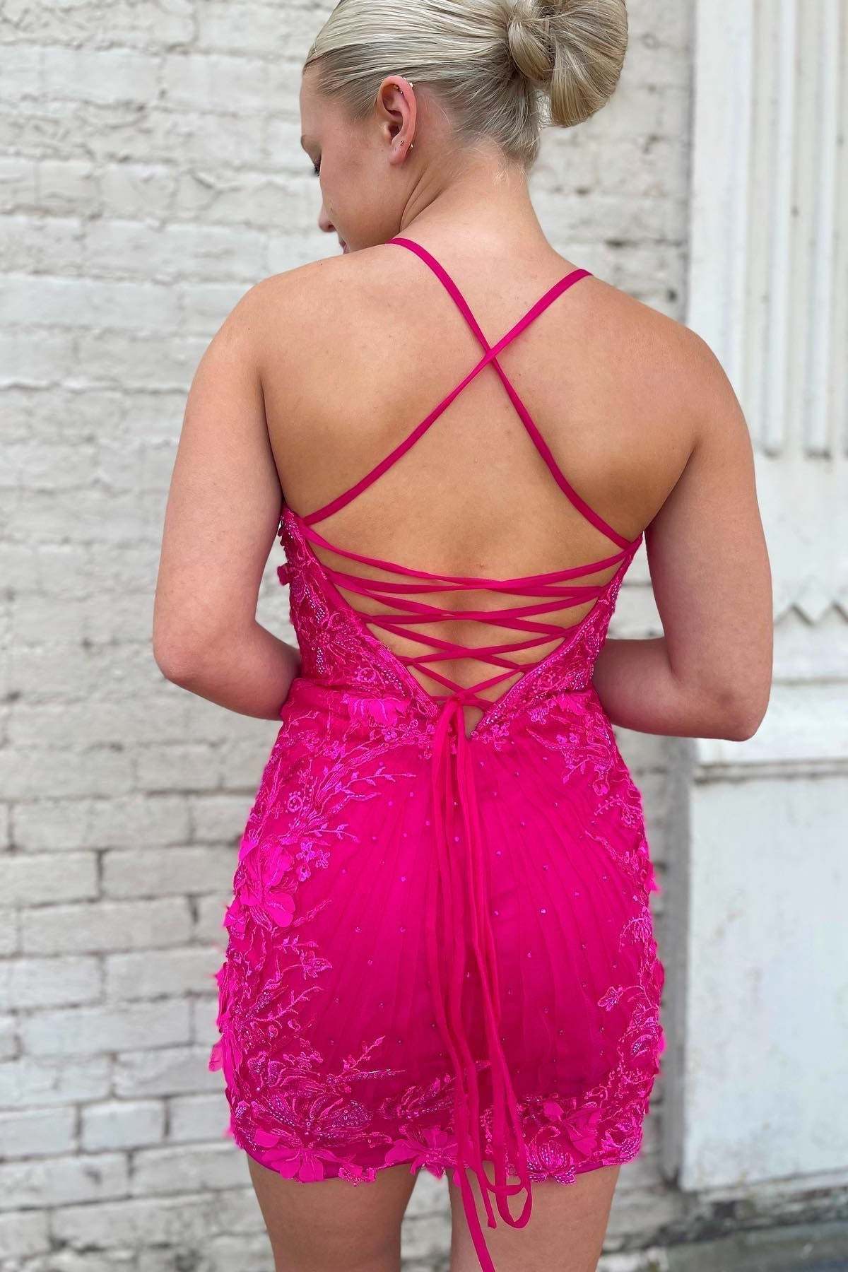 Lace-Up Hot Pink Appliques Bodycon Homecoming Dress