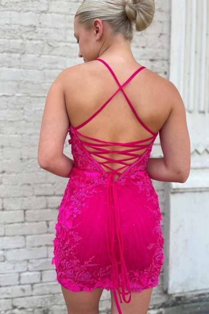 Lace-Up Hot Pink Appliques Bodycon Homecoming Dress