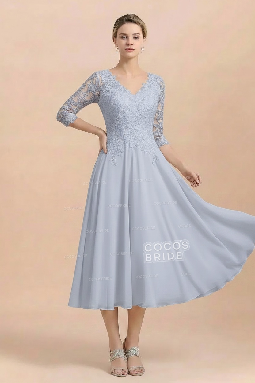 A-Line V-Neck 3/4 Sleeves Chiffon Short Mother Of The Bride Dresses With Lace