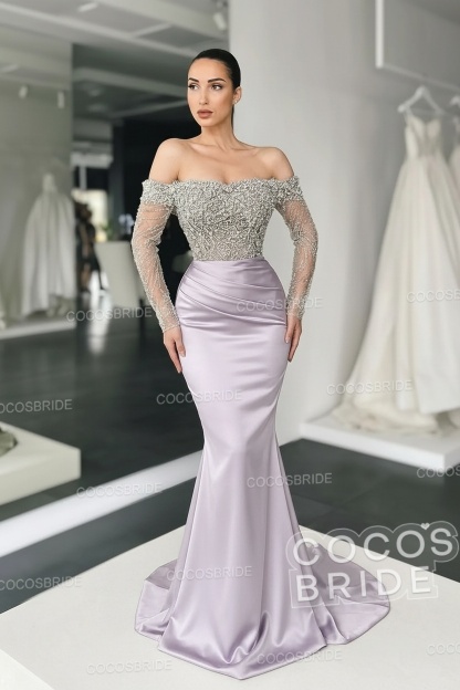 Long Mermaid Off the Shoulder Satin Prom Dress with Sleeves