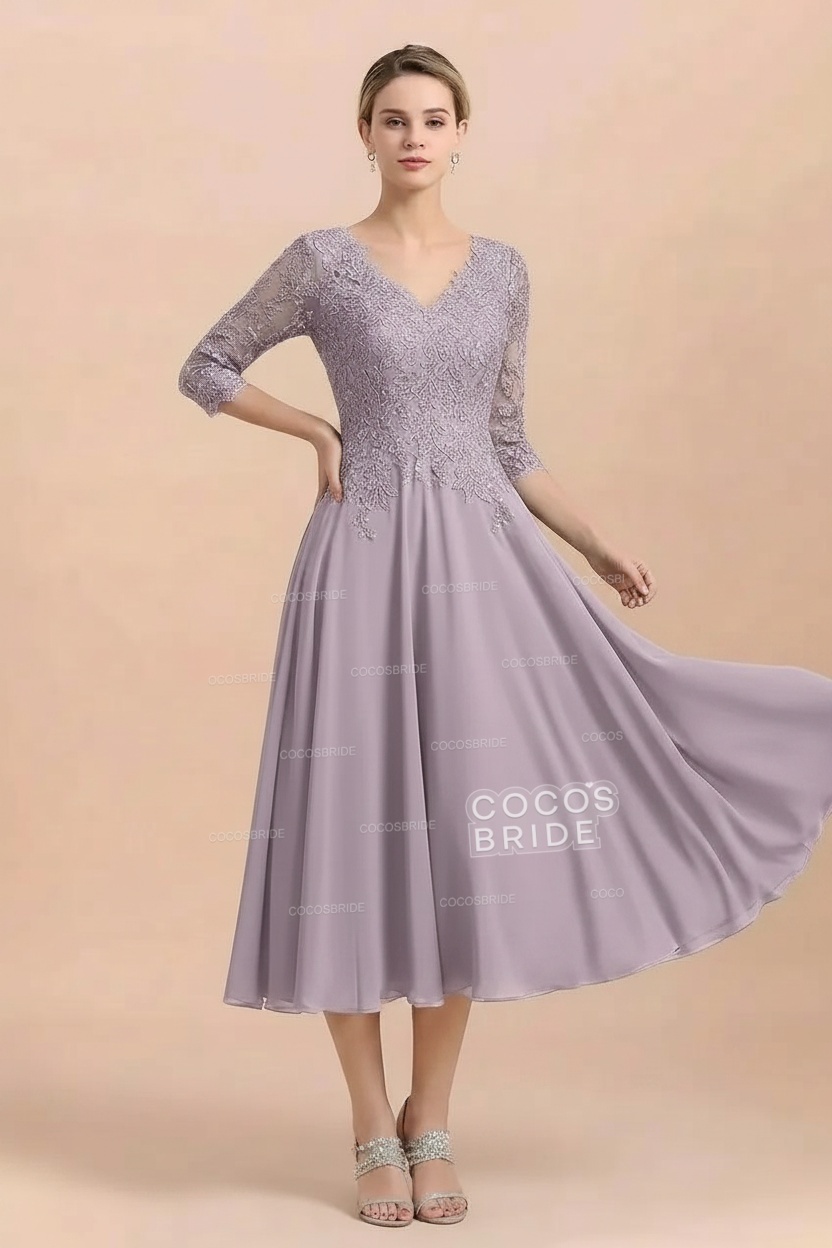 A-Line V-Neck 3/4 Sleeves Chiffon Short Mother Of The Bride Dresses With Lace
