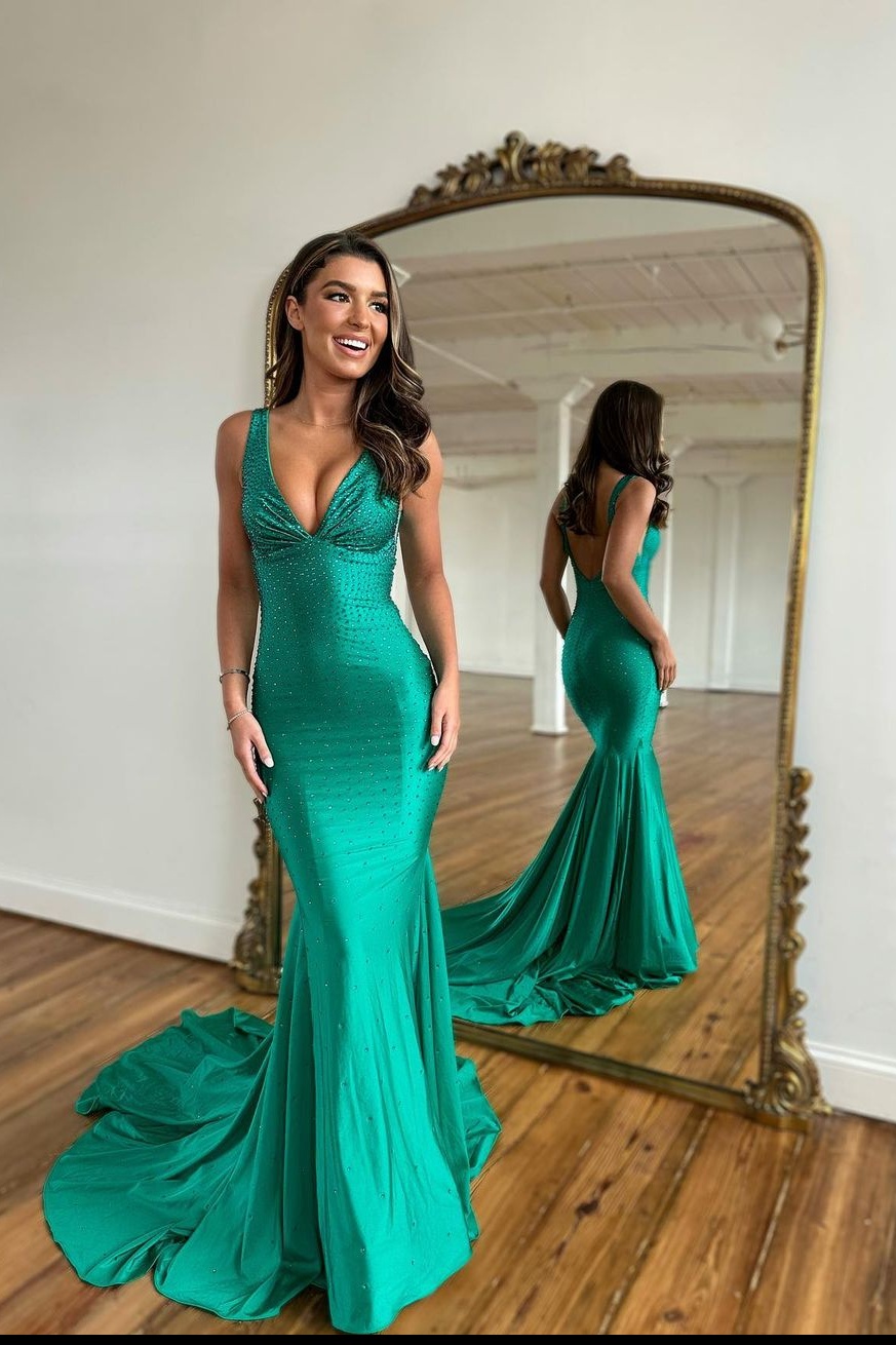 Long V-neck Satin Backless Mermaid Formal Prom Dress