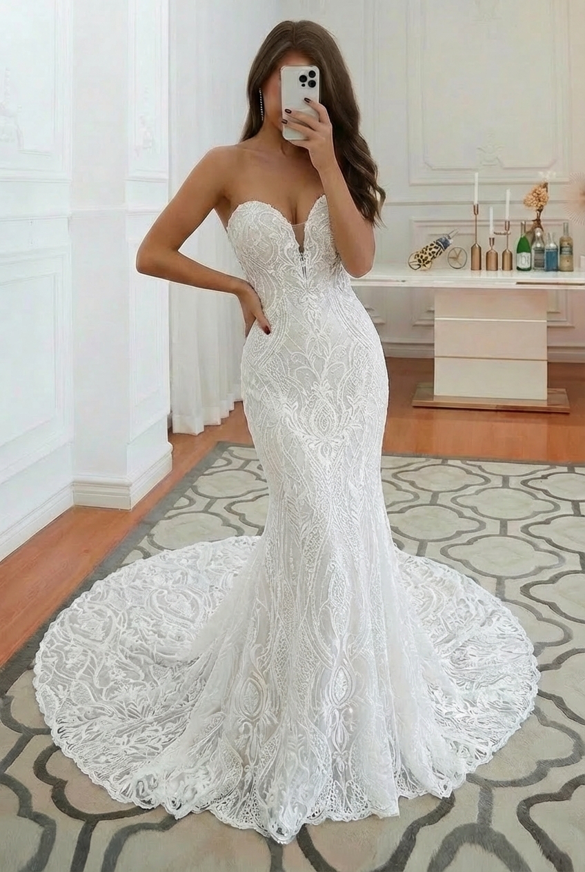 Long Mermaid Strapless White Lace Wedding Dresses