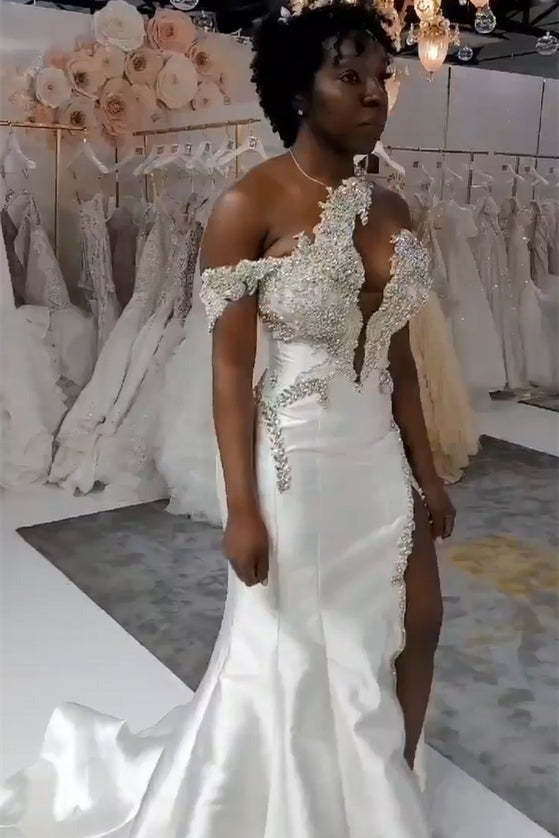 Luxurious Long Mermaid One Shoulder Satin Beading Wedding Dress With Detachable Train