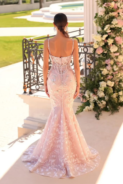 Spaghetti Straps Sweetheart Appliques Lace Mermaid Tulle Prom Dress with Beads