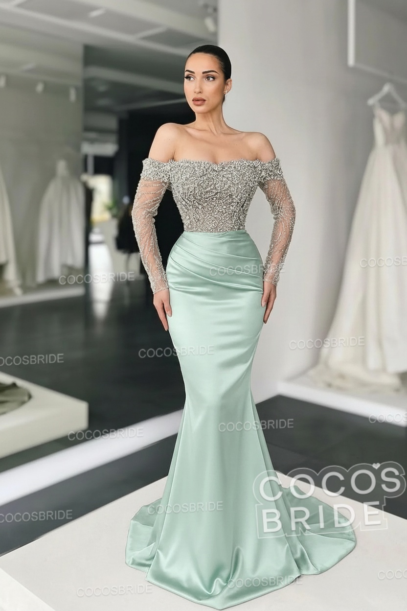Long Mermaid Off the Shoulder Satin Prom Dress with Sleeves