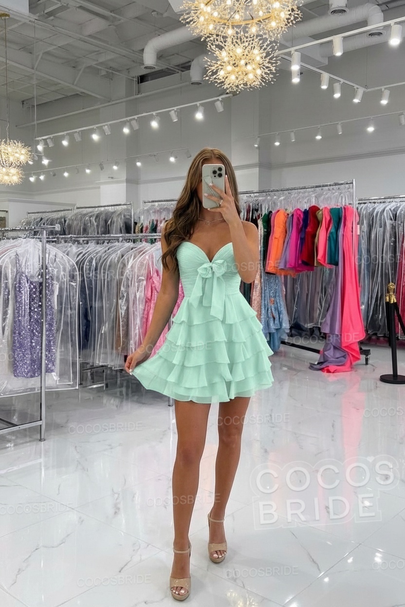 Short Spaghetti Straps A Line Chiffon Ruffles Homecoming Dresses With Bow