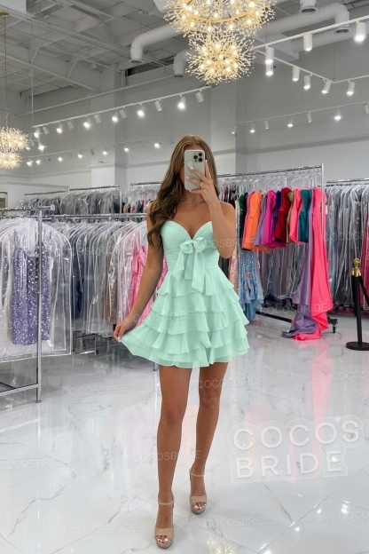 Short Spaghetti Straps A Line Chiffon Ruffles Homecoming Dresses With Bow