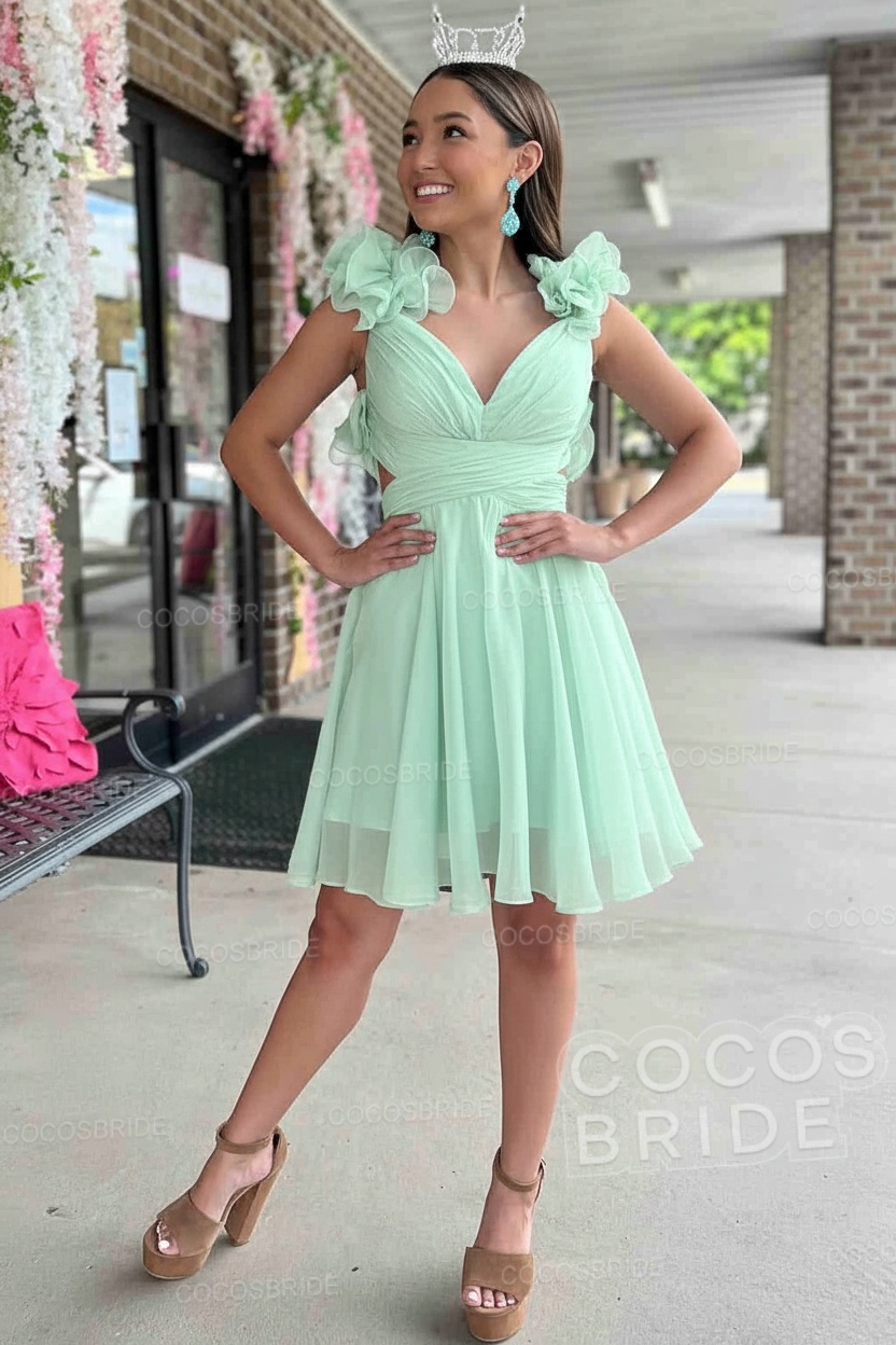 V-Neck Sky Blue Short Chiffon A-Line Party Dress