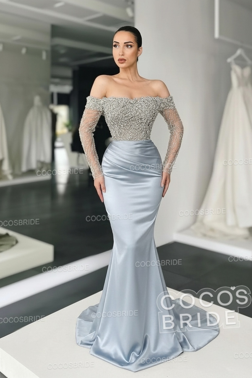 Long Mermaid Off the Shoulder Satin Prom Dress with Sleeves