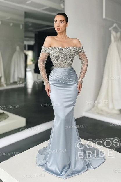 Long Mermaid Off the Shoulder Satin Prom Dress with Sleeves