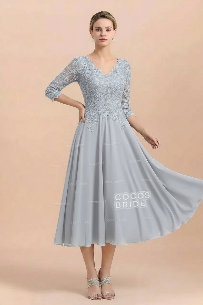 A-Line V-Neck 3/4 Sleeves Chiffon Short Mother Of The Bride Dresses With Lace