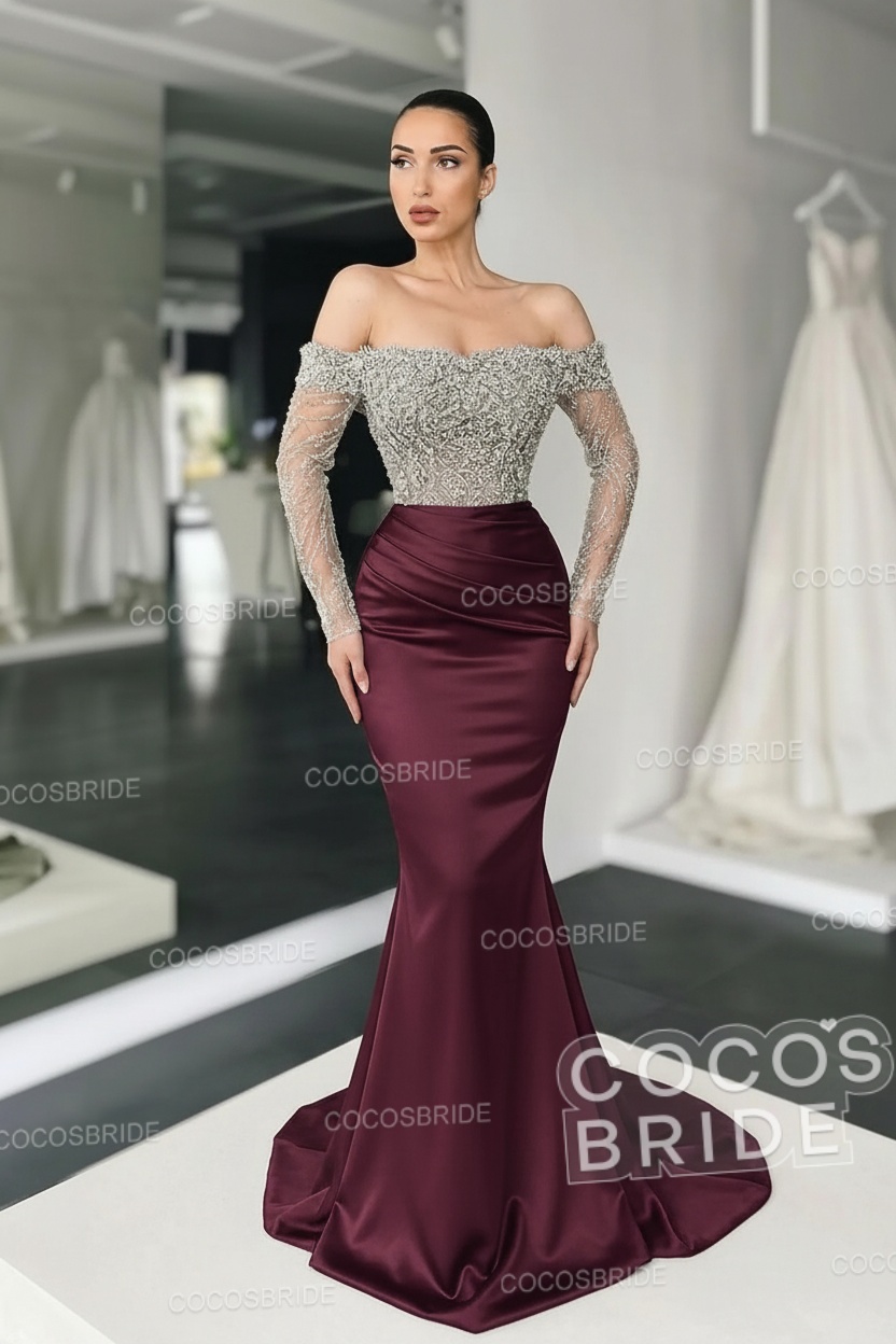Long Mermaid Off the Shoulder Satin Prom Dress with Sleeves