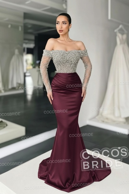 Long Mermaid Off the Shoulder Satin Prom Dress with Sleeves