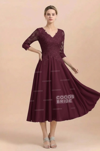 A-Line V-Neck 3/4 Sleeves Chiffon Short Mother Of The Bride Dresses With Lace