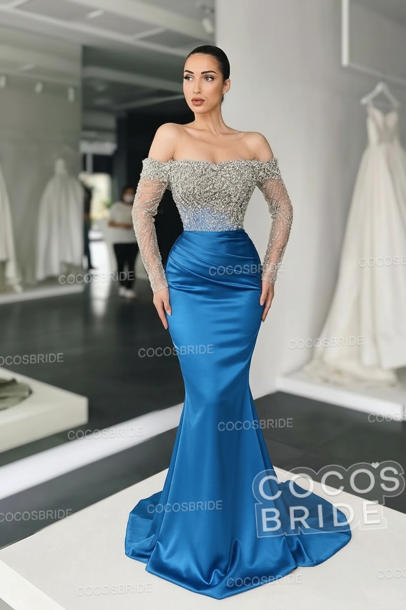 Long Mermaid Off the Shoulder Satin Prom Dress with Sleeves