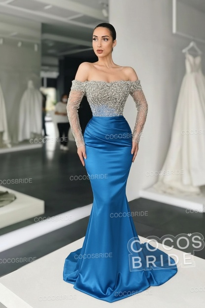Long Mermaid Off the Shoulder Satin Prom Dress with Sleeves