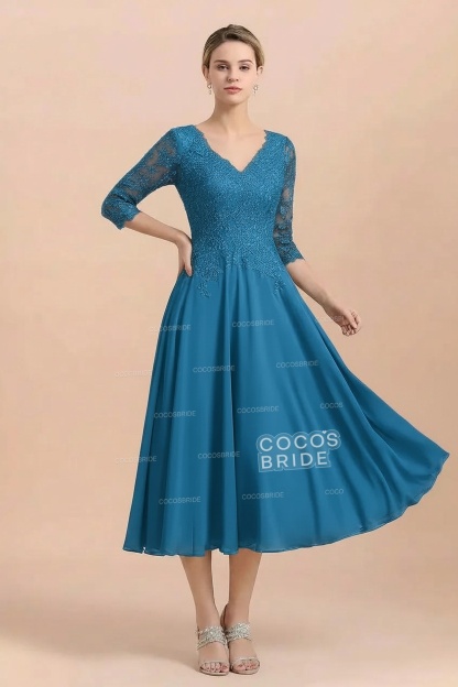 A-Line V-Neck 3/4 Sleeves Chiffon Short Mother Of The Bride Dresses With Lace