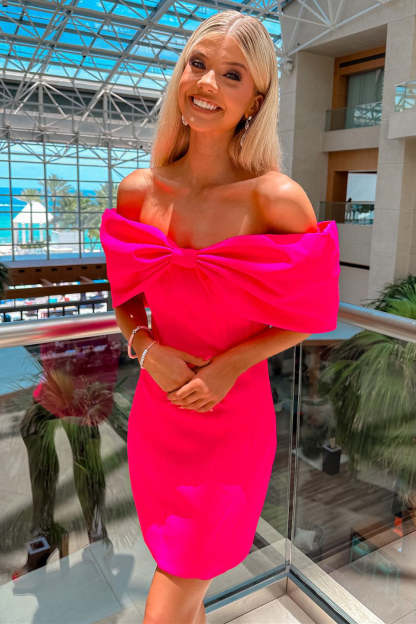 Off the Shoulder Barbie Pink Bow Bust Homecoming Dress