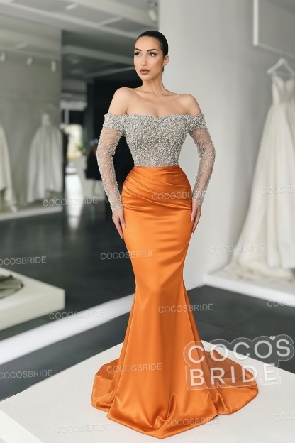 Long Mermaid Off the Shoulder Satin Prom Dress with Sleeves