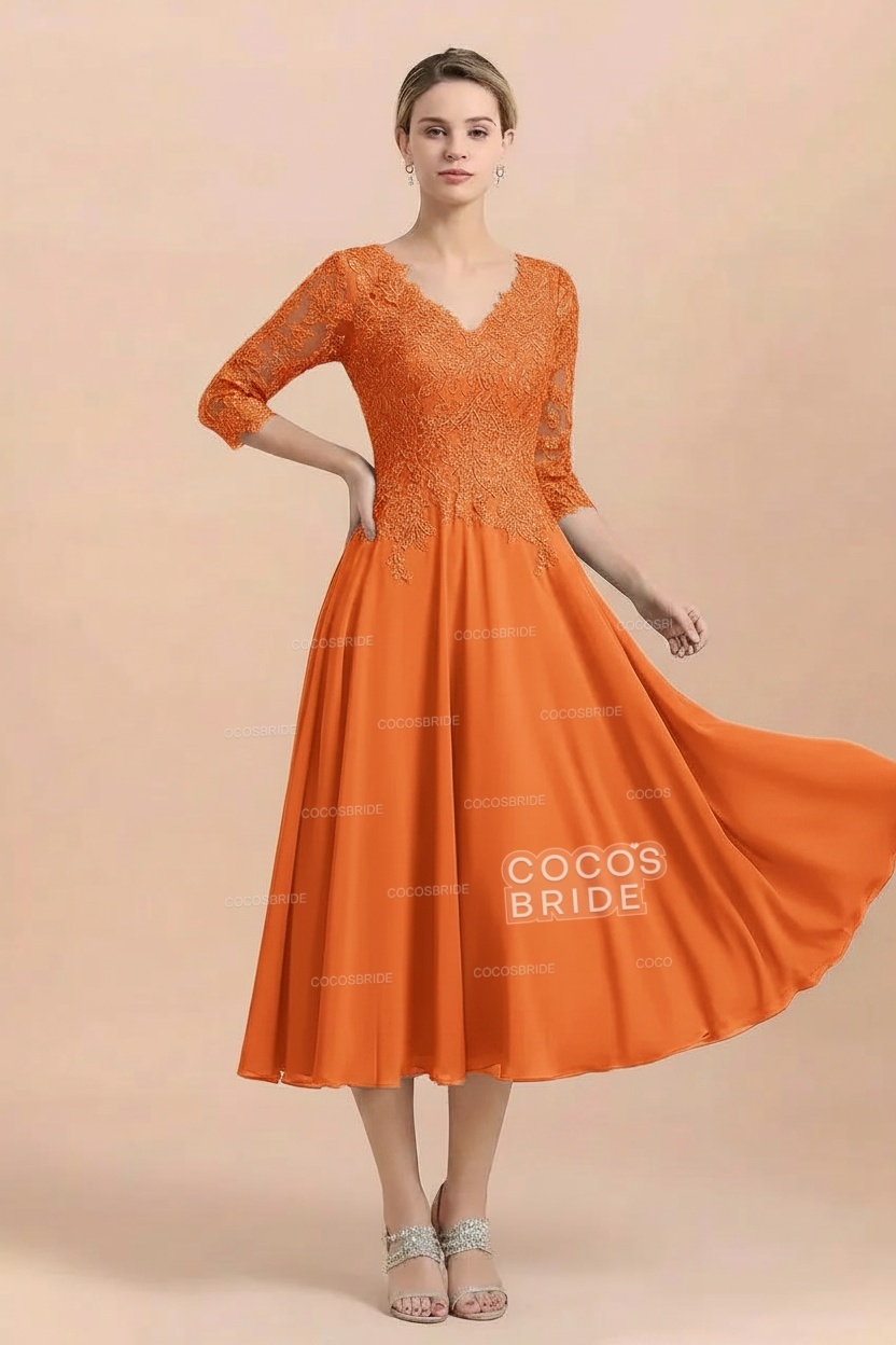 A-Line V-Neck 3/4 Sleeves Chiffon Short Mother Of The Bride Dresses With Lace