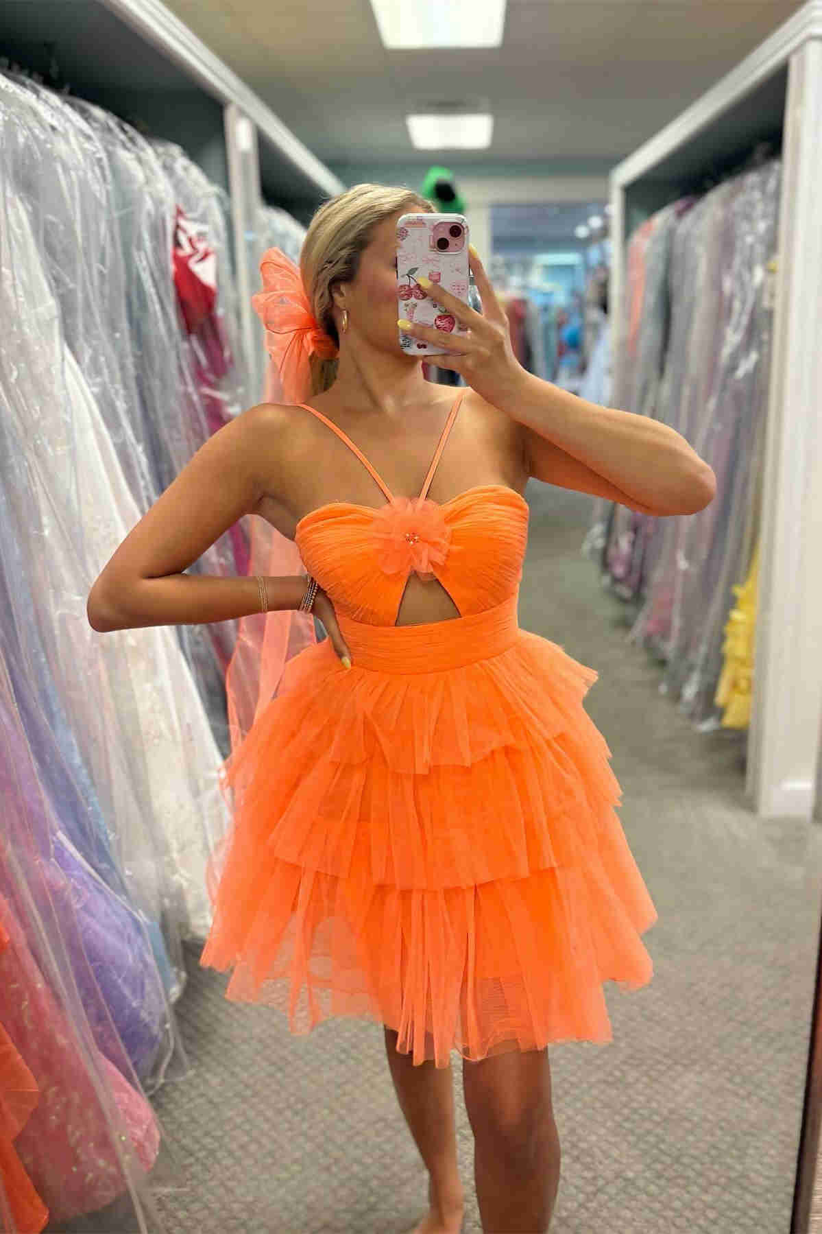 Straps Orange Keyhole Rosette A-Line Ruffle Homecoming Dress