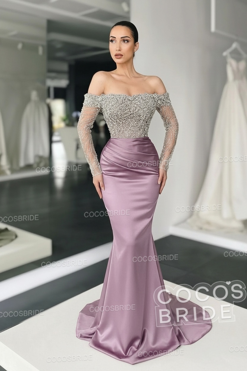 Long Mermaid Off the Shoulder Satin Prom Dress with Sleeves