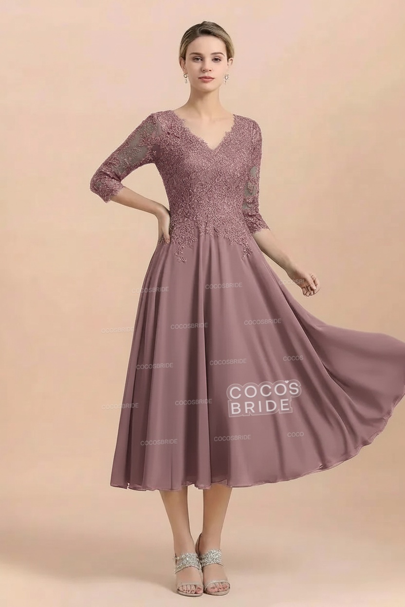 A-Line V-Neck 3/4 Sleeves Chiffon Short Mother Of The Bride Dresses With Lace