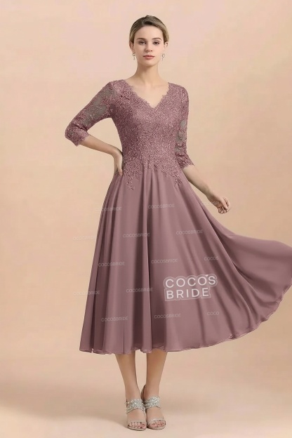 A-Line V-Neck 3/4 Sleeves Chiffon Short Mother Of The Bride Dresses With Lace