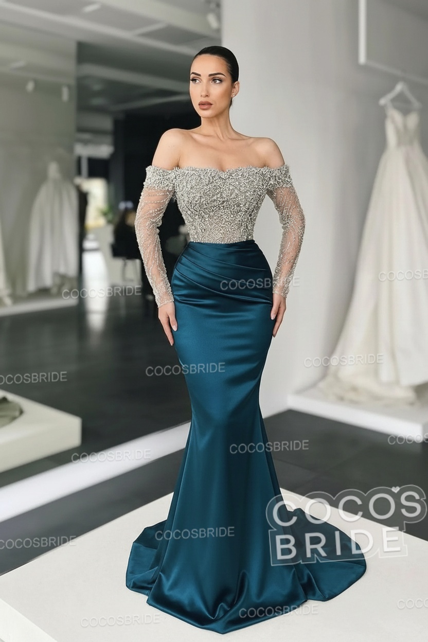Long Mermaid Off the Shoulder Satin Prom Dress with Sleeves