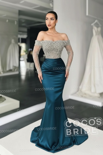 Long Mermaid Off the Shoulder Satin Prom Dress with Sleeves