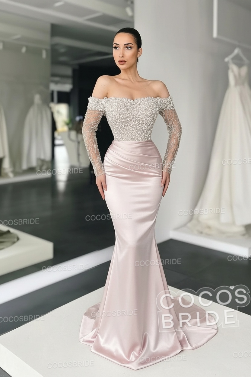 Long Mermaid Off the Shoulder Satin Prom Dress with Sleeves