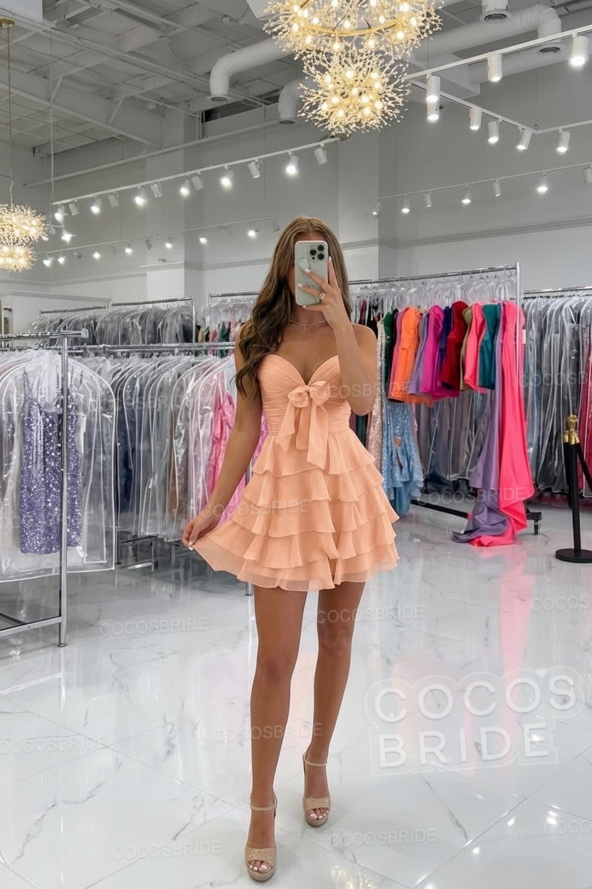 Short Spaghetti Straps A Line Chiffon Ruffles Homecoming Dresses With Bow