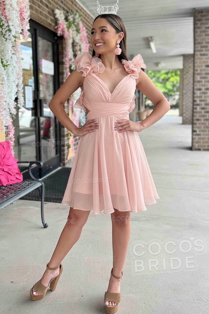 V-Neck Sky Blue Short Chiffon A-Line Party Dress