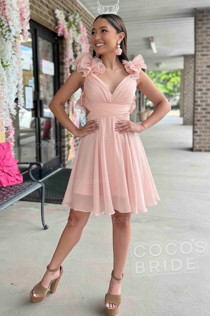V-Neck Sky Blue Short Chiffon A-Line Party Dress