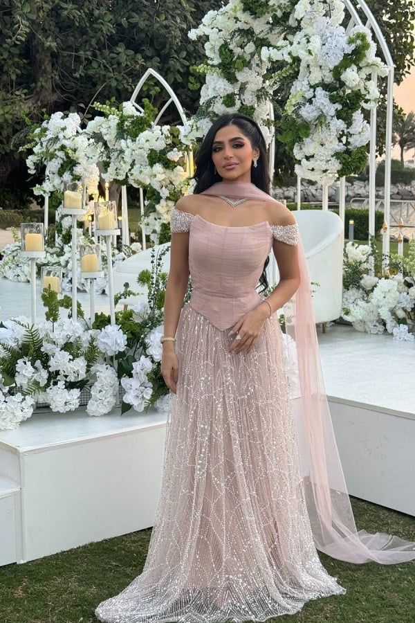 Long A-line Sequined Beaded Off-the-Shoulder Evening Formal Dresses