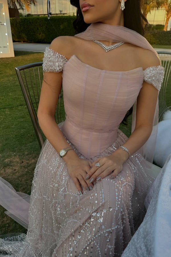 Long A-line Sequined Beaded Off-the-Shoulder Evening Formal Dresses