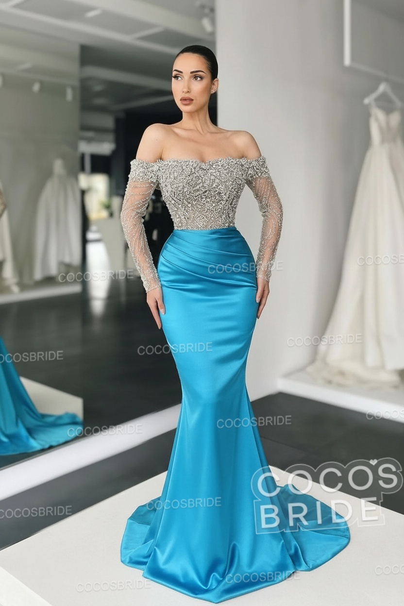 Long Mermaid Off the Shoulder Satin Prom Dress with Sleeves