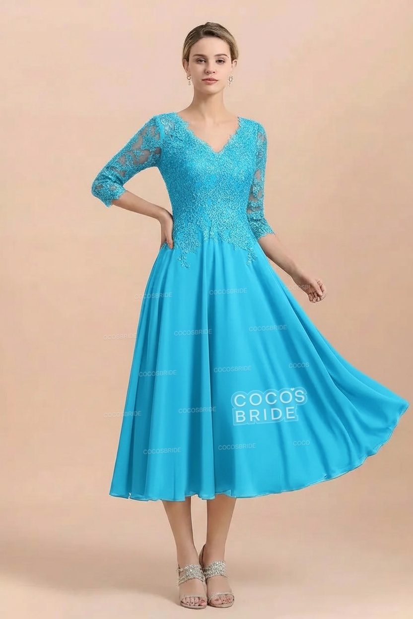 A-Line V-Neck 3/4 Sleeves Chiffon Short Mother Of The Bride Dresses With Lace