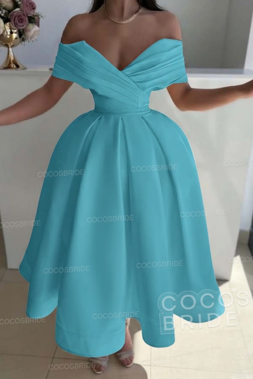 Off the Shoulder A-Line Satin Prom Dress with Pleated