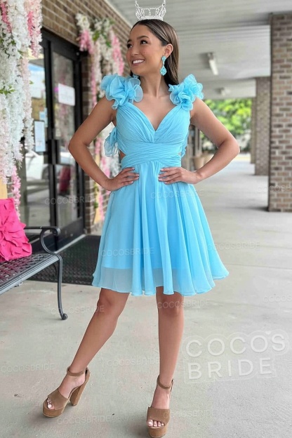 V-Neck Sky Blue Short Chiffon A-Line Party Dress