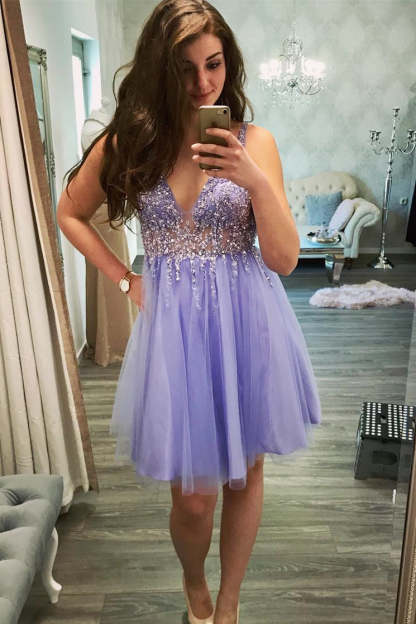 Princess V Neck Knee Length Blue Homecoming Dress