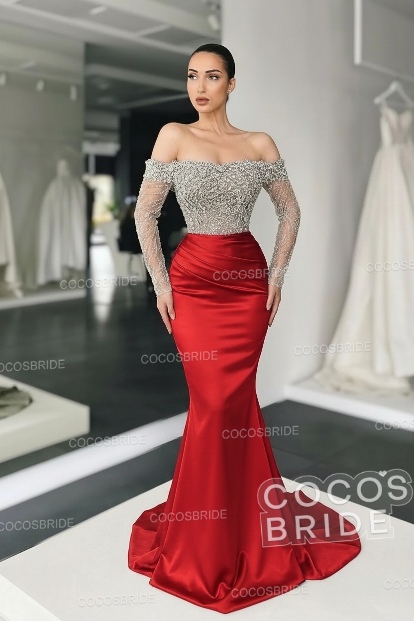 Long Mermaid Off the Shoulder Satin Prom Dress with Sleeves