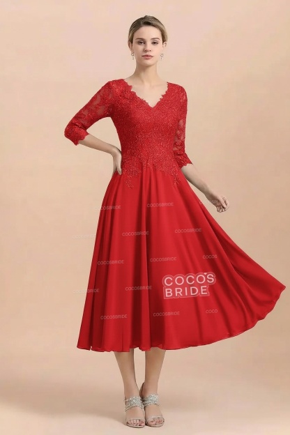 A-Line V-Neck 3/4 Sleeves Chiffon Short Mother Of The Bride Dresses With Lace
