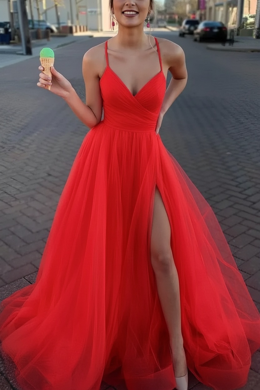 Long Spaghetti Straps V-neck A-Line Tulle Prom Dress With Side Slit