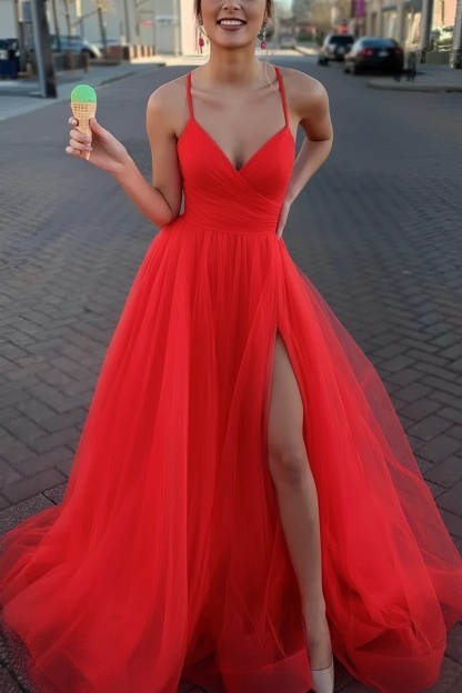 Long Spaghetti Straps V-neck A-Line Tulle Prom Dress With Side Slit