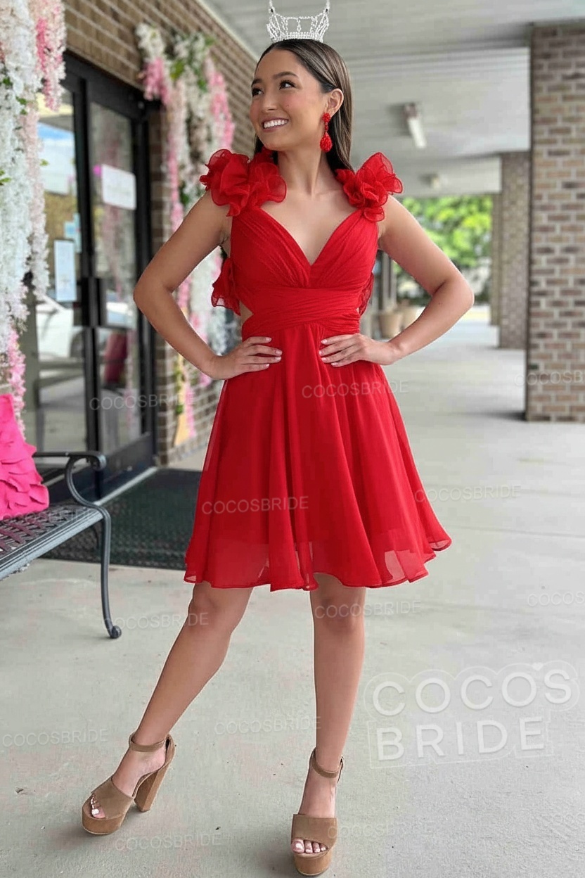 V-Neck Sky Blue Short Chiffon A-Line Party Dress