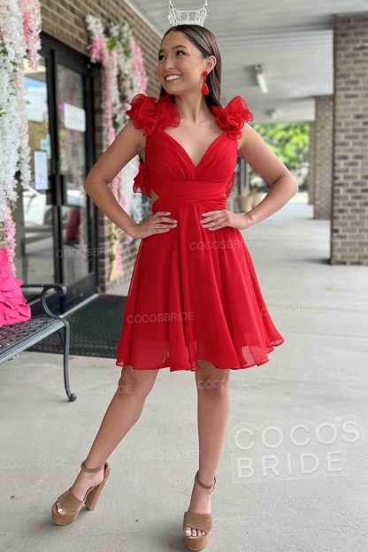 V-Neck Sky Blue Short Chiffon A-Line Party Dress