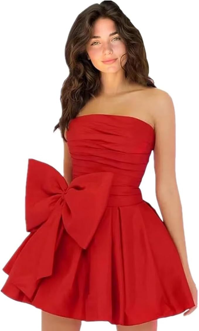 Chic Short A-line Sleeveless Strapless Ruched Lace Up Homecoming Dresses with Bow - CoCosBride