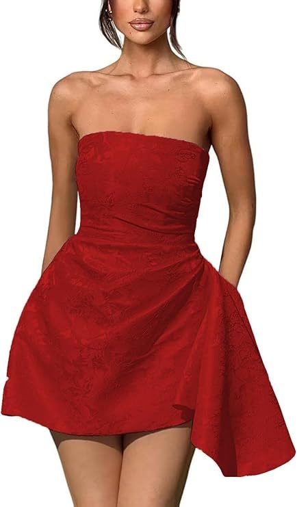 A-line Strapless Jacquard Satin Asymmetrical Lace up Sleeveless Short Homecoming Dress - CoCosBride